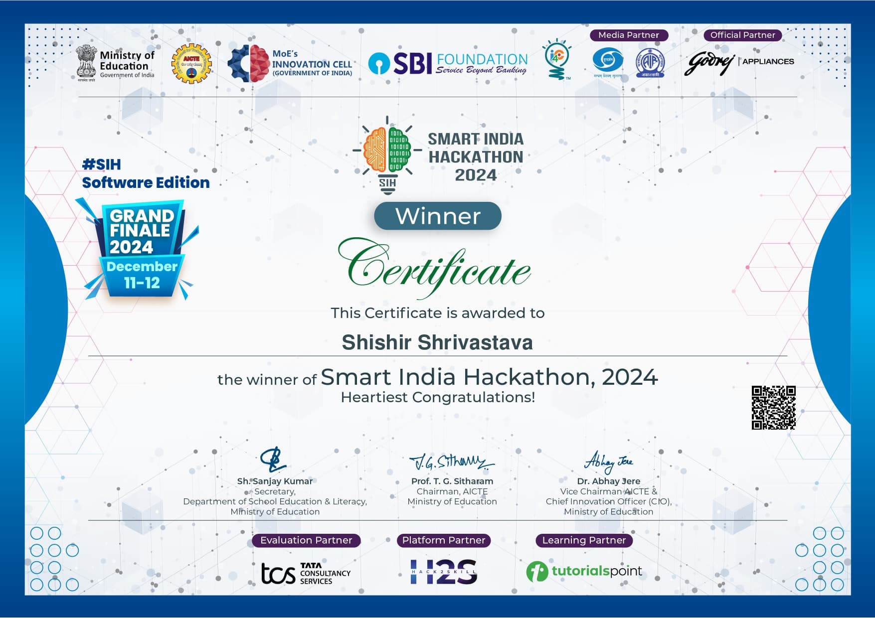 SIH Winner certificate