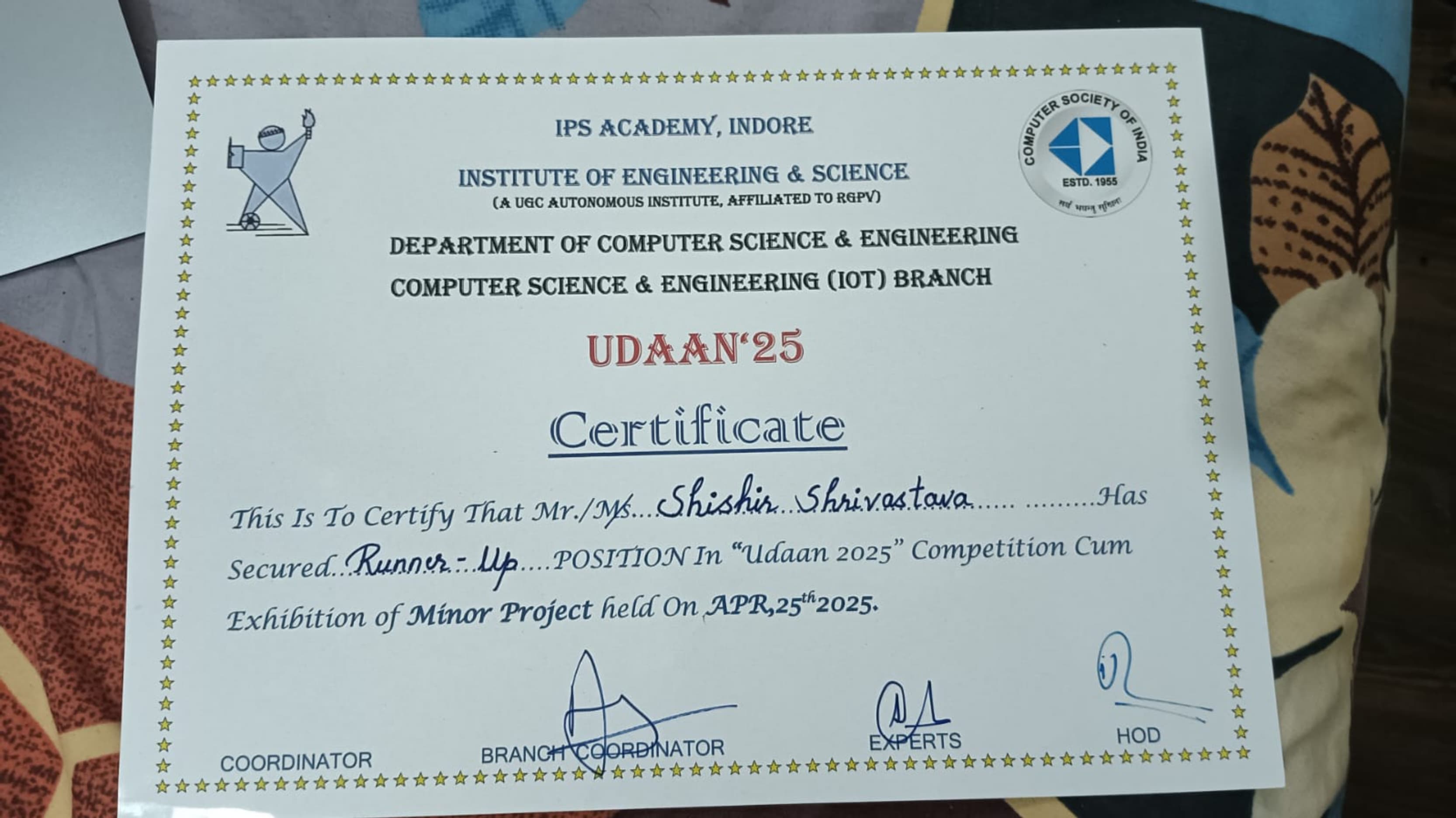 Udaan'25 - 2nd Runner Up certificate